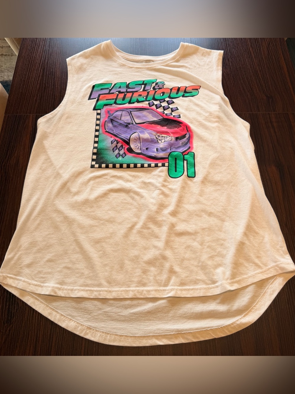 ⁠Fast & Furious Women’s Off White Muscle Tank Top Shirt Graphic Car Size L⁠